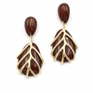 Zara Style Resin Leaf Burgundy Earrings | Bold Statement Gold Dangles